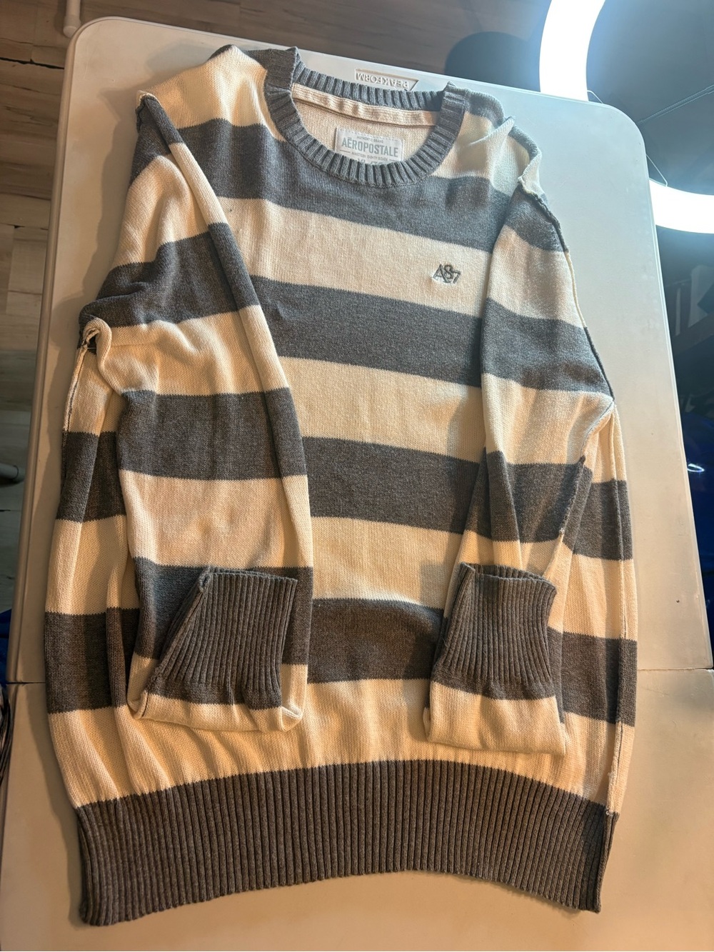 Aeropostale Men's Cream and Gray Striped Crewneck Sweater